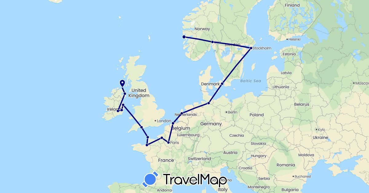 TravelMap itinerary: driving in Belgium, Germany, Denmark, France, United Kingdom, Ireland, Netherlands, Norway, Sweden (Europe)